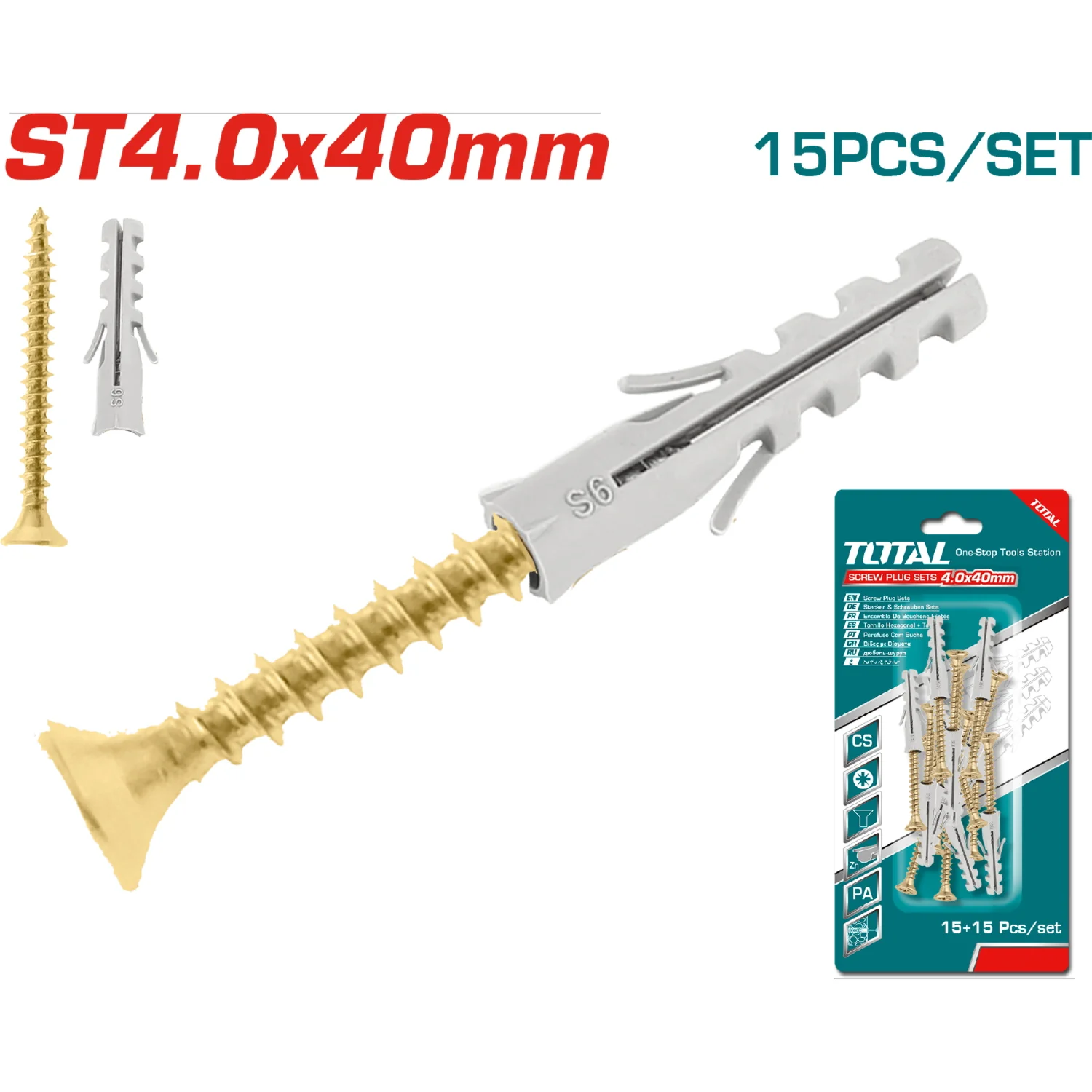 15 Pza/ Juego Tornillos T4.0X40mm Y Taco 6X30 Mm Cab Conica Estrella Pozidrive . Galvanizado.