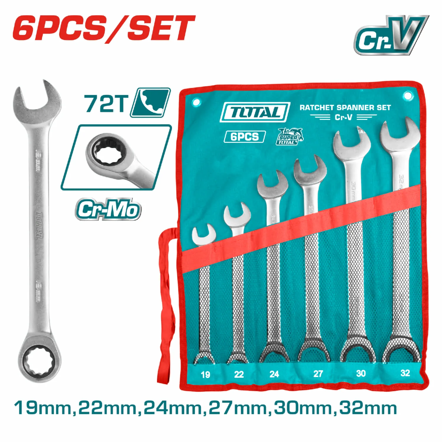 6Pza Juego Llaves/Combinacion Rachet Para Tuercas 19,22,24,27,30,32Mm. Cr-Mo72.