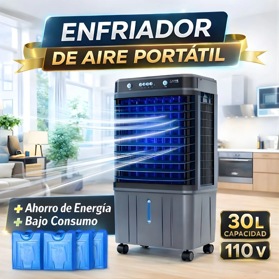 Abanico Acondicionador De Aire Frio Con Agua (30L) Portátil. Ventilador Con Humidificador Y Ruedas 110V.