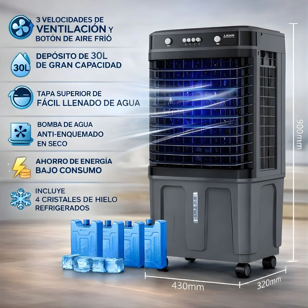Abanico Acondicionador De Aire Frio Con Agua (30L) Portátil. Ventilador Con Humidificador Y Ruedas 110V. - Image 2