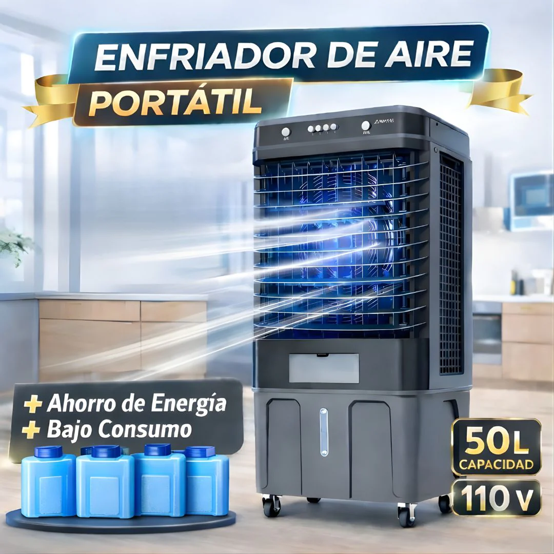 Abanico Acondicionador De Aire Frio Con Agua (50L) Portátil. Ventilador Con Humidificador Y Ruedas 110V.