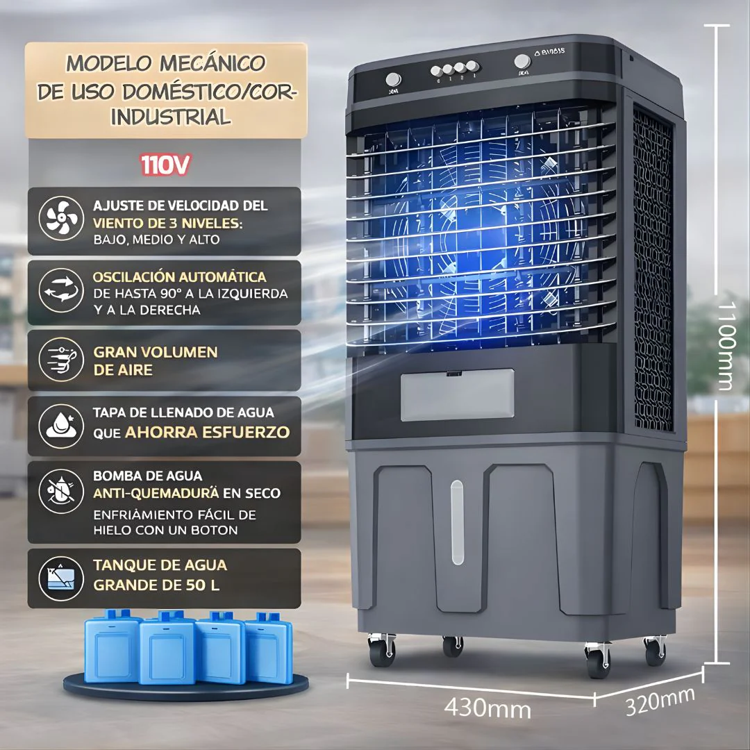 Abanico Acondicionador De Aire Frio Con Agua (50L) Portátil. Ventilador Con Humidificador Y Ruedas 110V. - Image 2