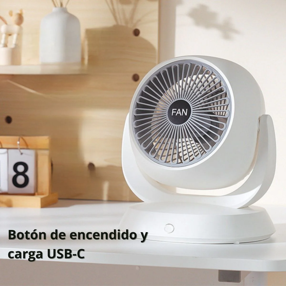 Abanico Chico De Escritorio Recargable Silencioso De 4000Mah. Ventilador Mini Portátil Con Puerto De Carga USB-C. 19.8X9x19.6Cm. Color Blanco. - Image 2