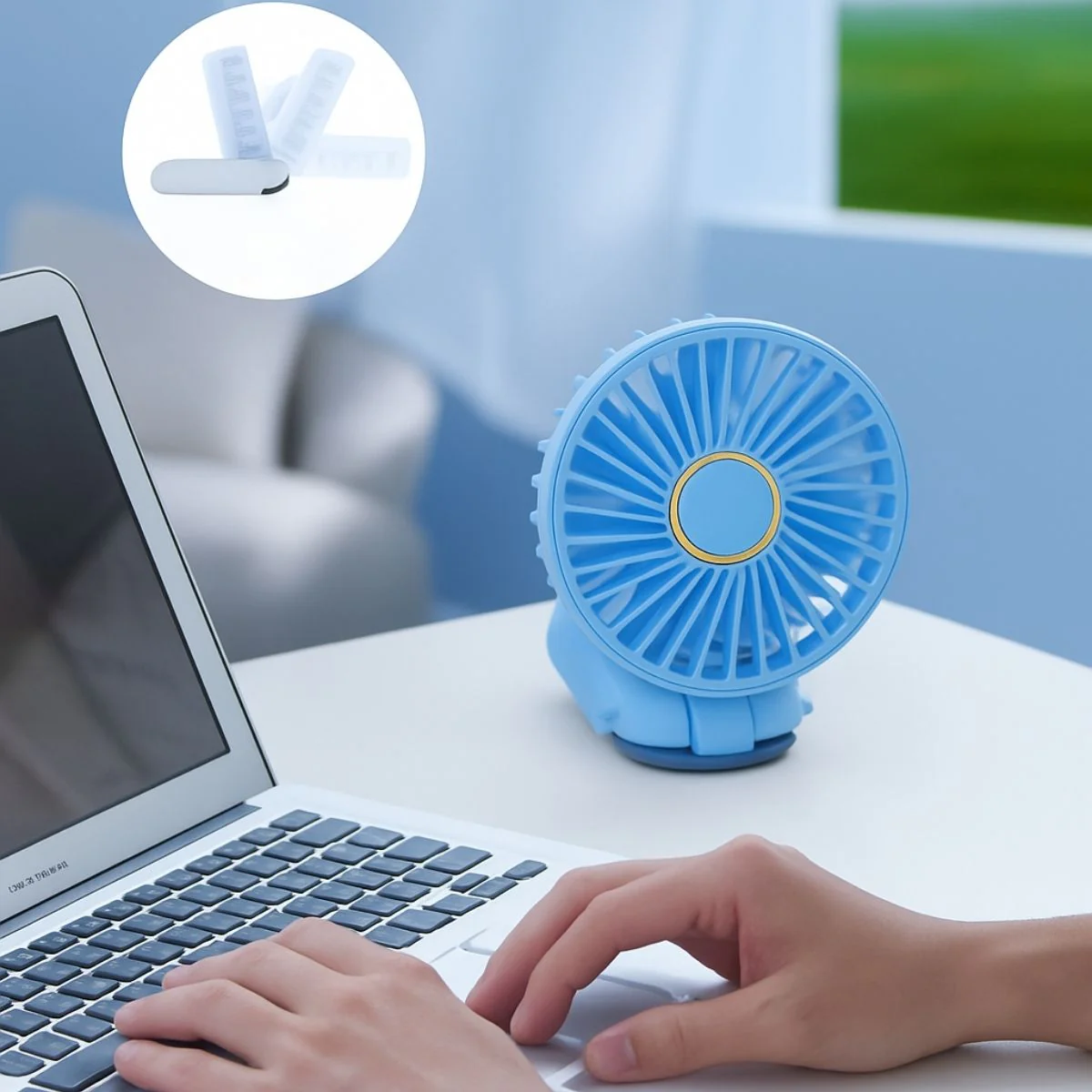 Abanico De Mano Portátil Recargable USB 20000Mah Ultra Silencioso Con Base De 5 Velocidades Y Batería De 15 Horas De Duración. Color Azul