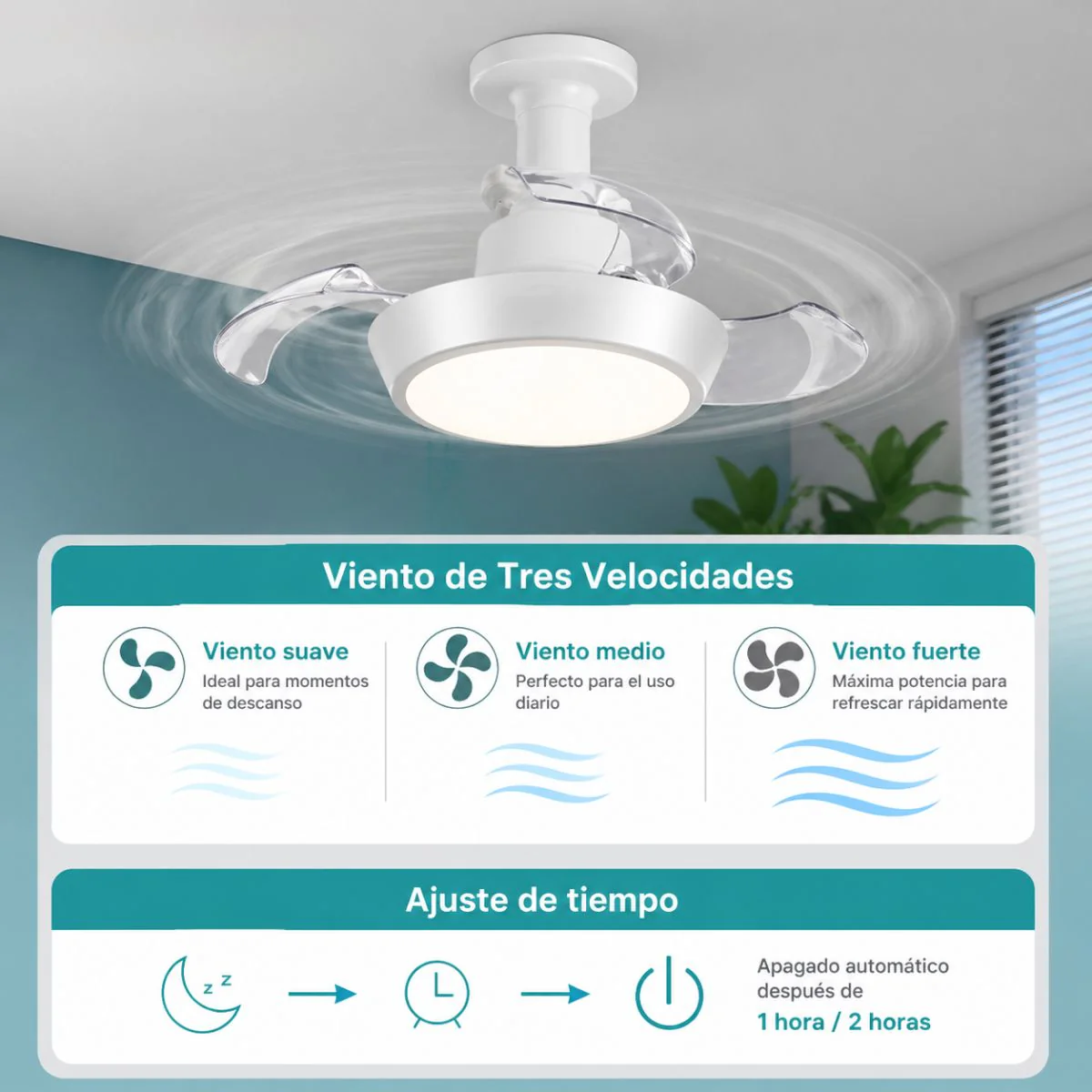 Abanico De Techo 16” Socket E27 Con Lámpara LED. Ventilador Invisible Con Aspas Retráctiles. Luz Regulable Con Control Remoto. Color Blanco. 33W - Image 2