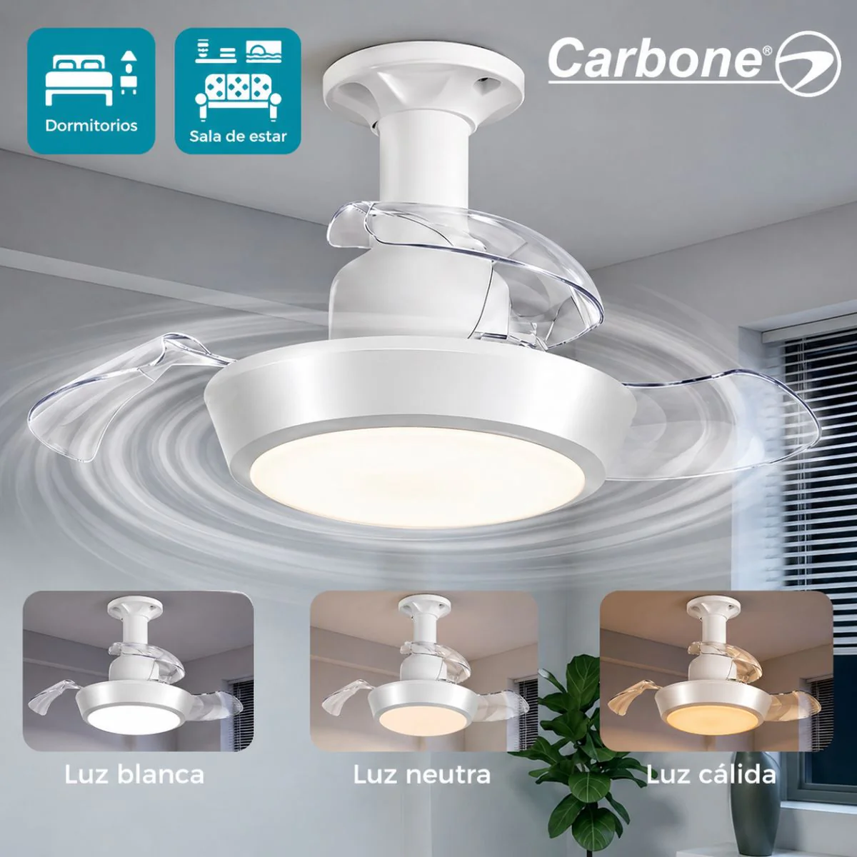 Abanico De Techo 16” Socket E27 Con Lámpara LED. Ventilador Invisible Con Aspas Retráctiles. Luz Regulable Con Control Remoto. Color Blanco. 33W - Image 3