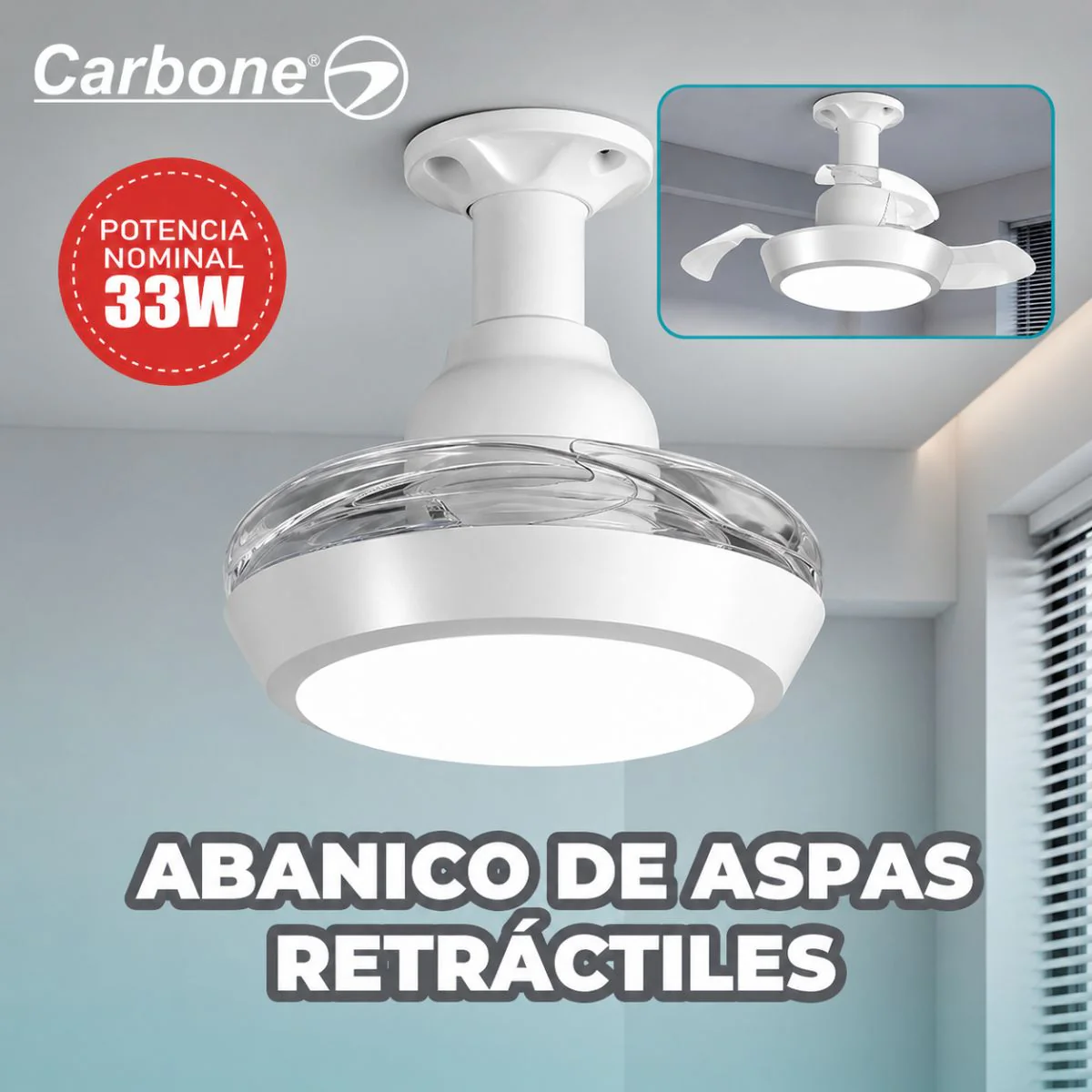 Abanico De Techo 16” Socket E27 Con Lámpara LED. Ventilador Invisible Con Aspas Retráctiles. Luz Regulable Con Control Remoto. Color Blanco. 33W - Image 4