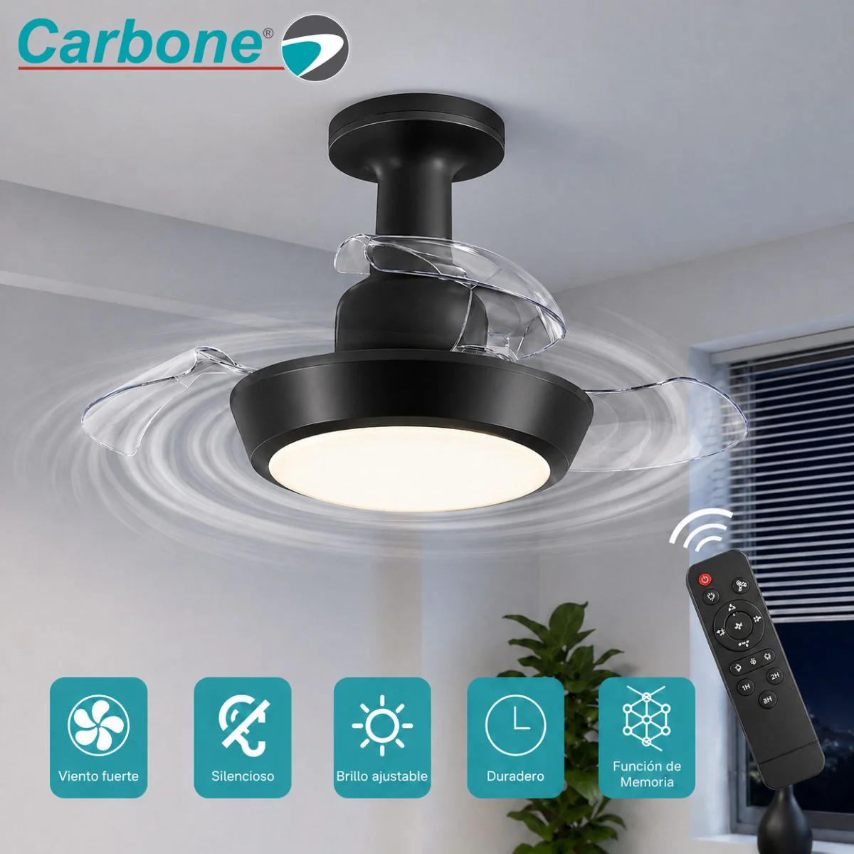 Abanico De Techo 16” Socket E27 Con Lámpara LED. Ventilador Invisible Con Aspas Retráctiles. Luz Regulable Con Control Remoto. Color Negro. 33W