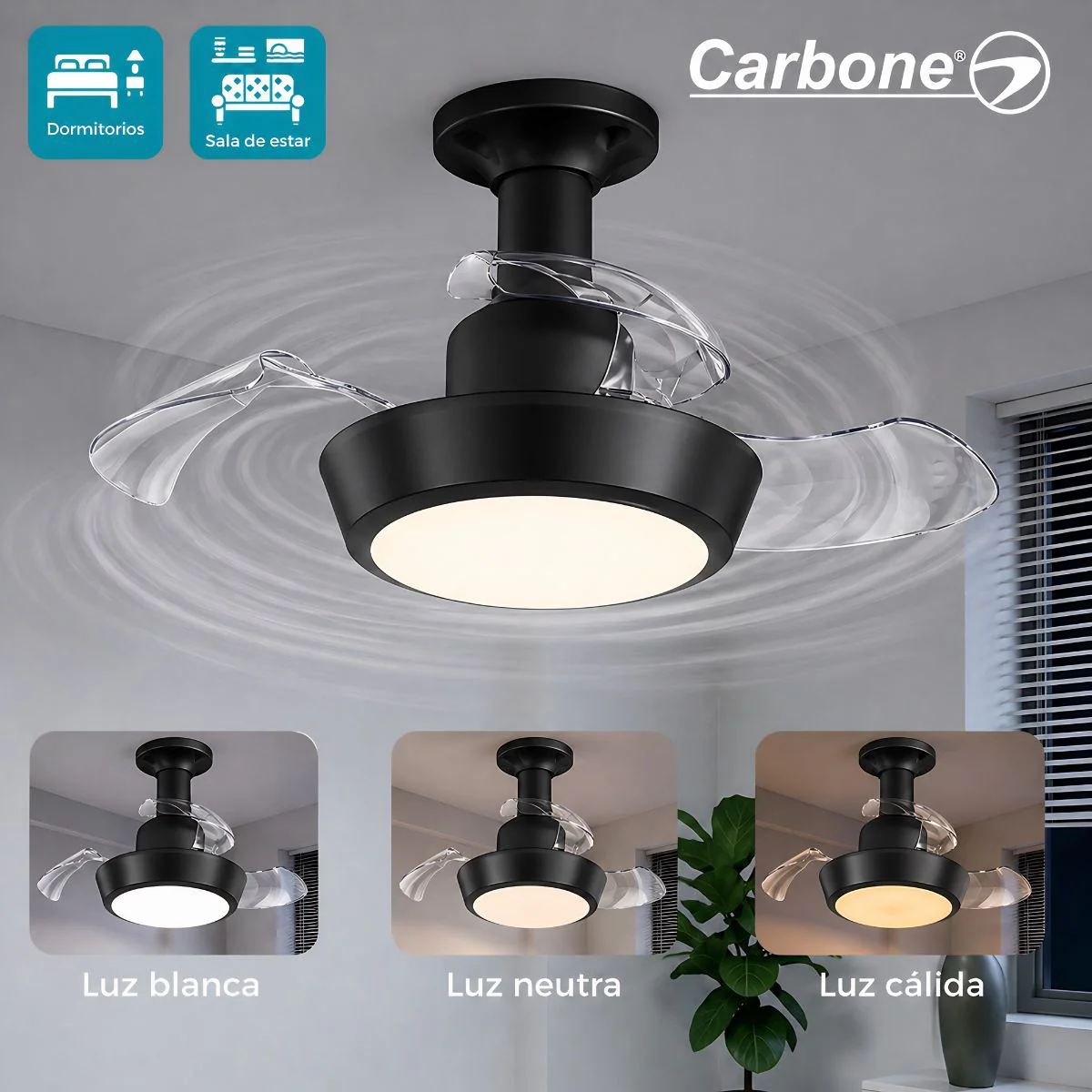 Abanico De Techo 16” Socket E27 Con Lámpara LED. Ventilador Invisible Con Aspas Retráctiles. Luz Regulable Con Control Remoto. Color Negro. 33W - Image 3