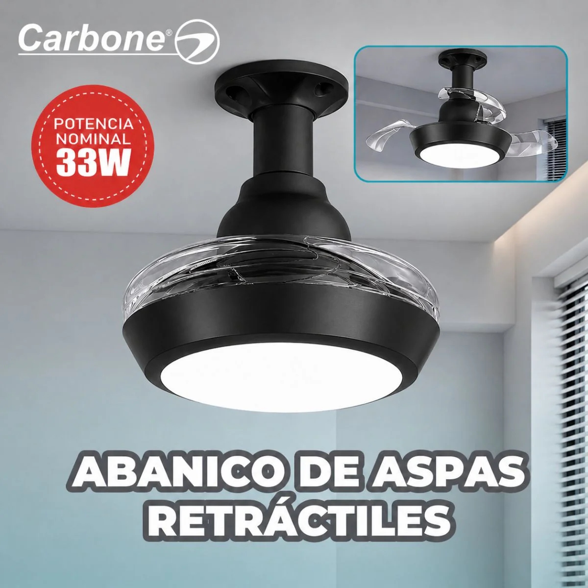 Abanico De Techo 16” Socket E27 Con Lámpara LED. Ventilador Invisible Con Aspas Retráctiles. Luz Regulable Con Control Remoto. Color Negro. 33W - Image 4