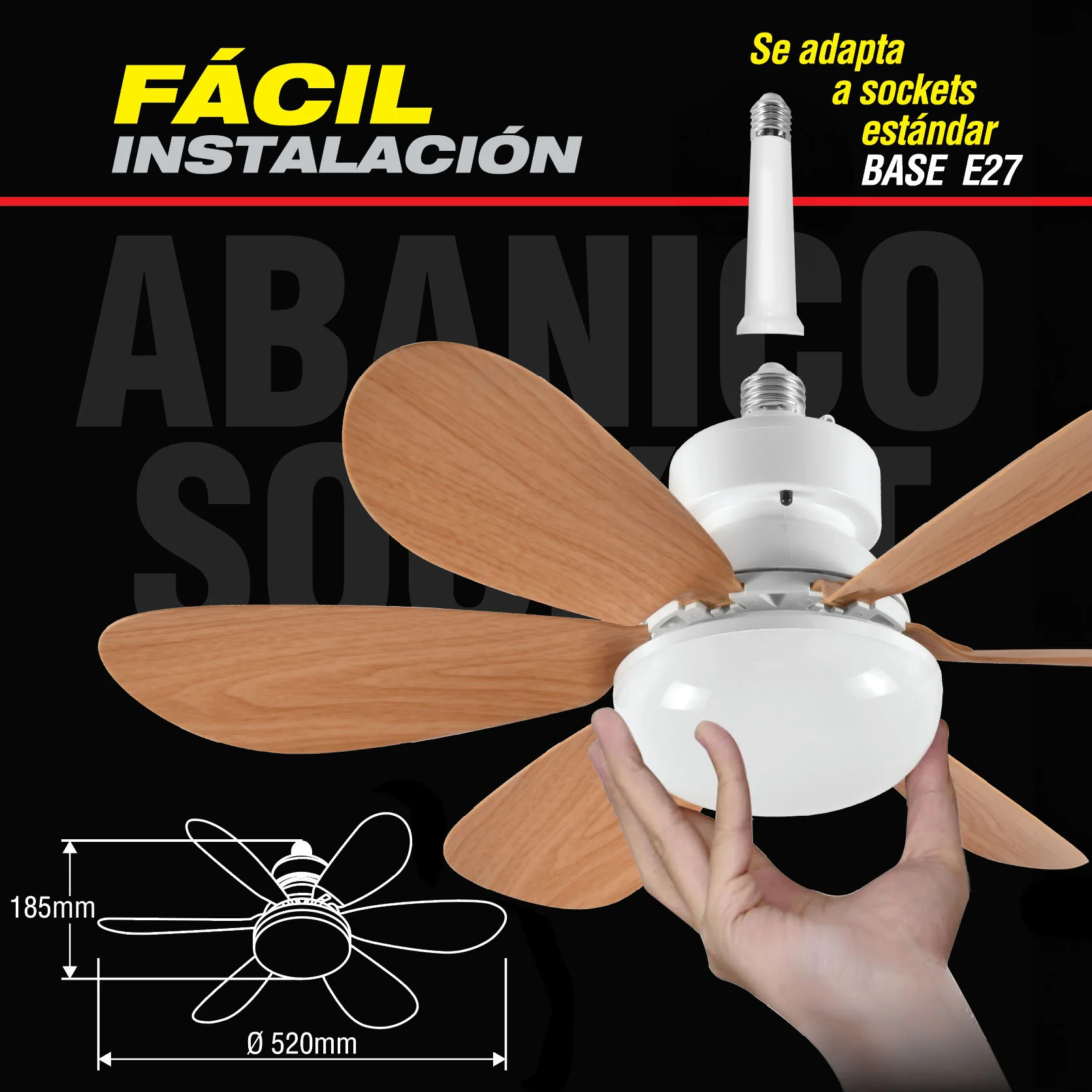 Abanico De Techo 20" Aspas Madera Socket E27 Con Luz Led Tono Ajustable 3000/4000/6500K, 1900 Lumens 6 Aspas 3 CCT 520X185mm - Image 3