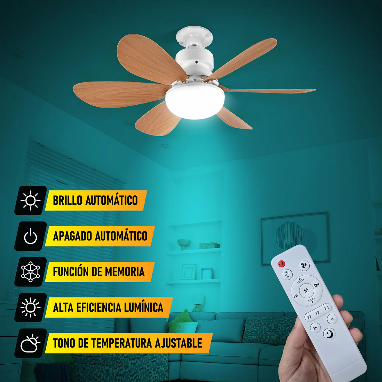 Abanico De Techo 20" Aspas Madera Socket E27 Con Luz Led Tono Ajustable 3000/4000/6500K, 1900 Lumens 6 Aspas 3 CCT 520X185mm - Image 4