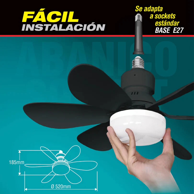 Abanico De Techo 20" Socket Negro E27 Con Luz Led Tono Ajustable 3000/4000/6500K, 1900 Lumens 6 Aspas 3 CCT 520X185mm - Image 4