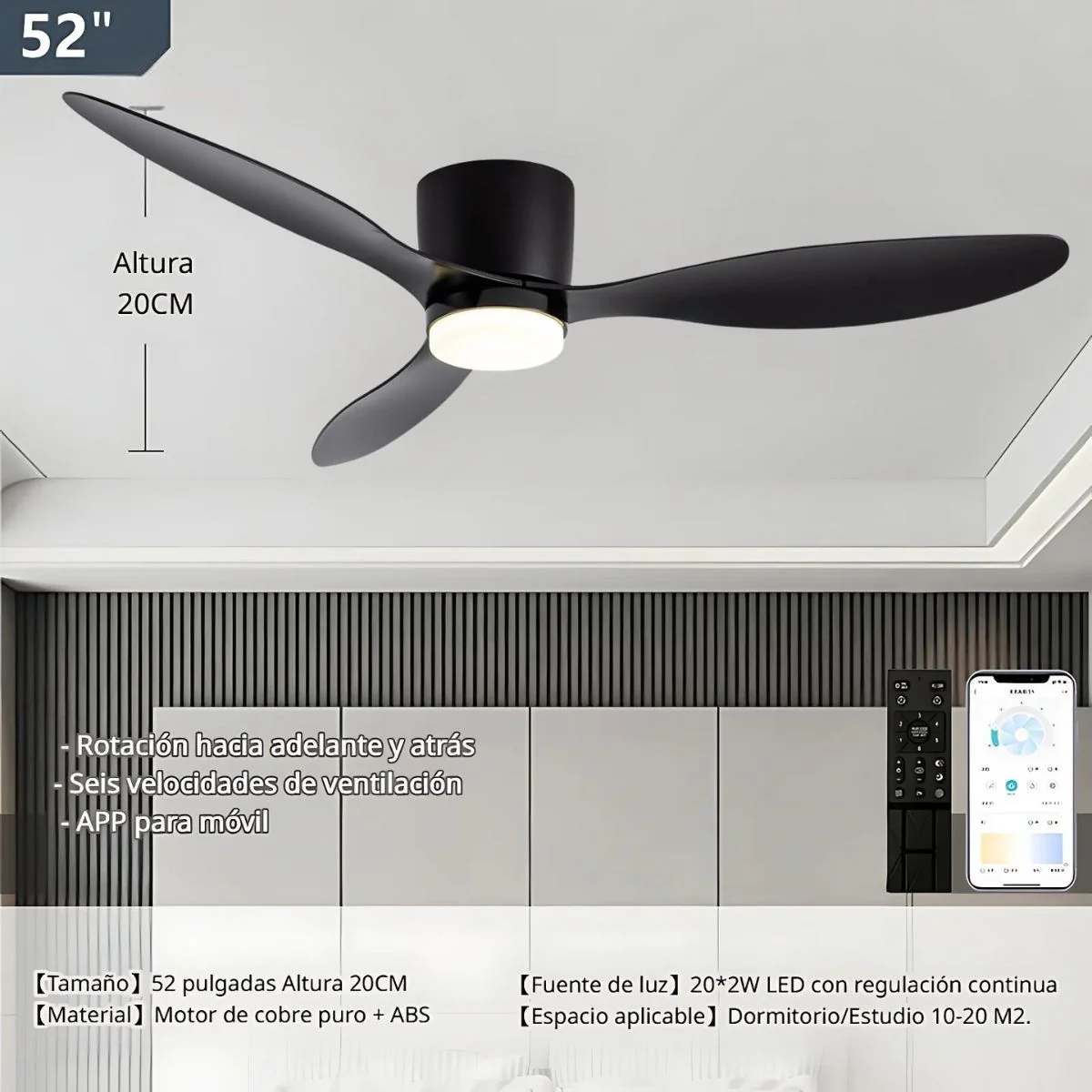Abanico De Techo Con Lámpara. 3 Tonos De Luz. 52" Ventilador Con Control Remoto. Fan 110V Color Negro - Image 2