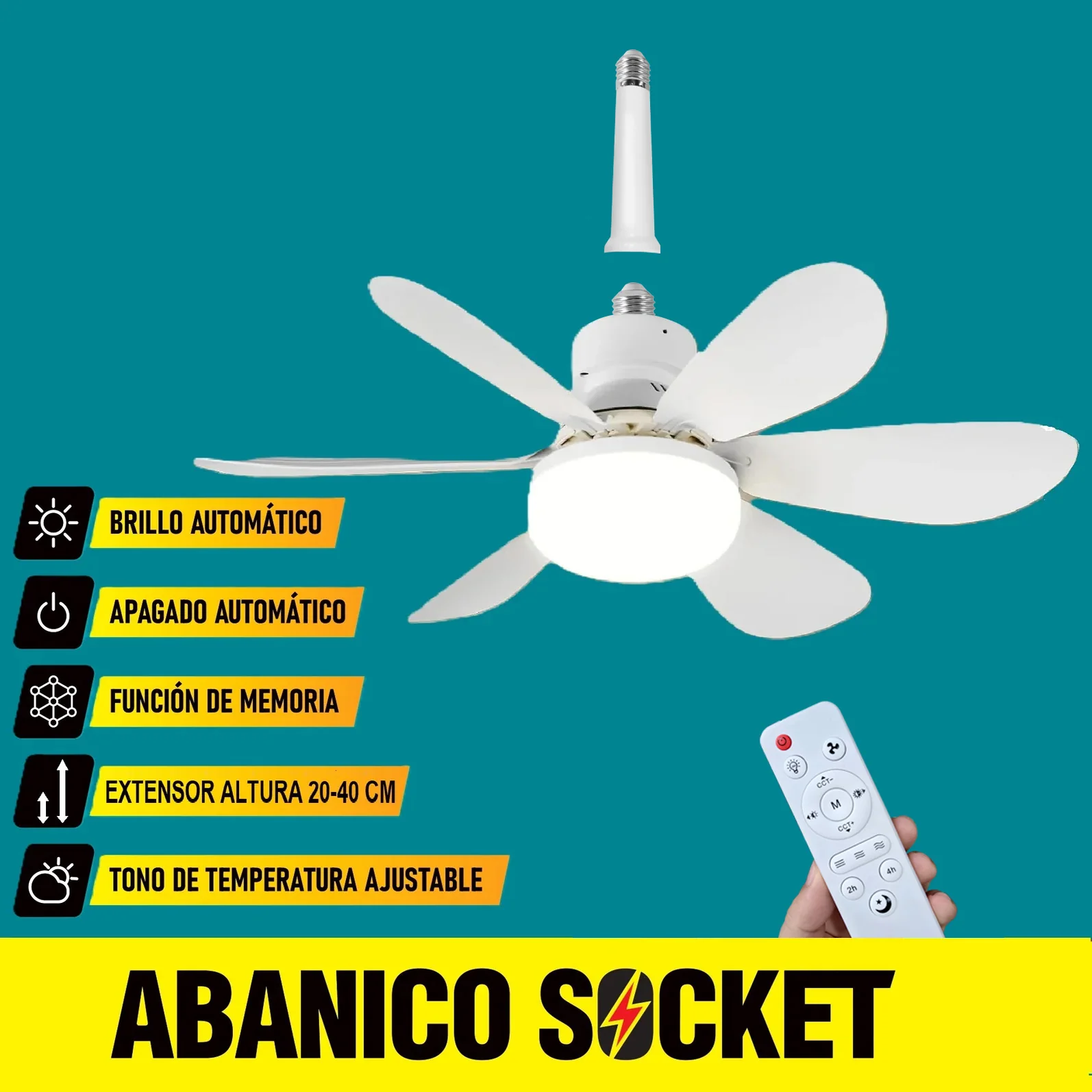 Abanico De Techo 20" Socket E27 Con Luz Led Tono Ajustable 3000/4000/6500K, 1900 Lumens 6 Aspas 3 CCT 520X185mm - Image 3