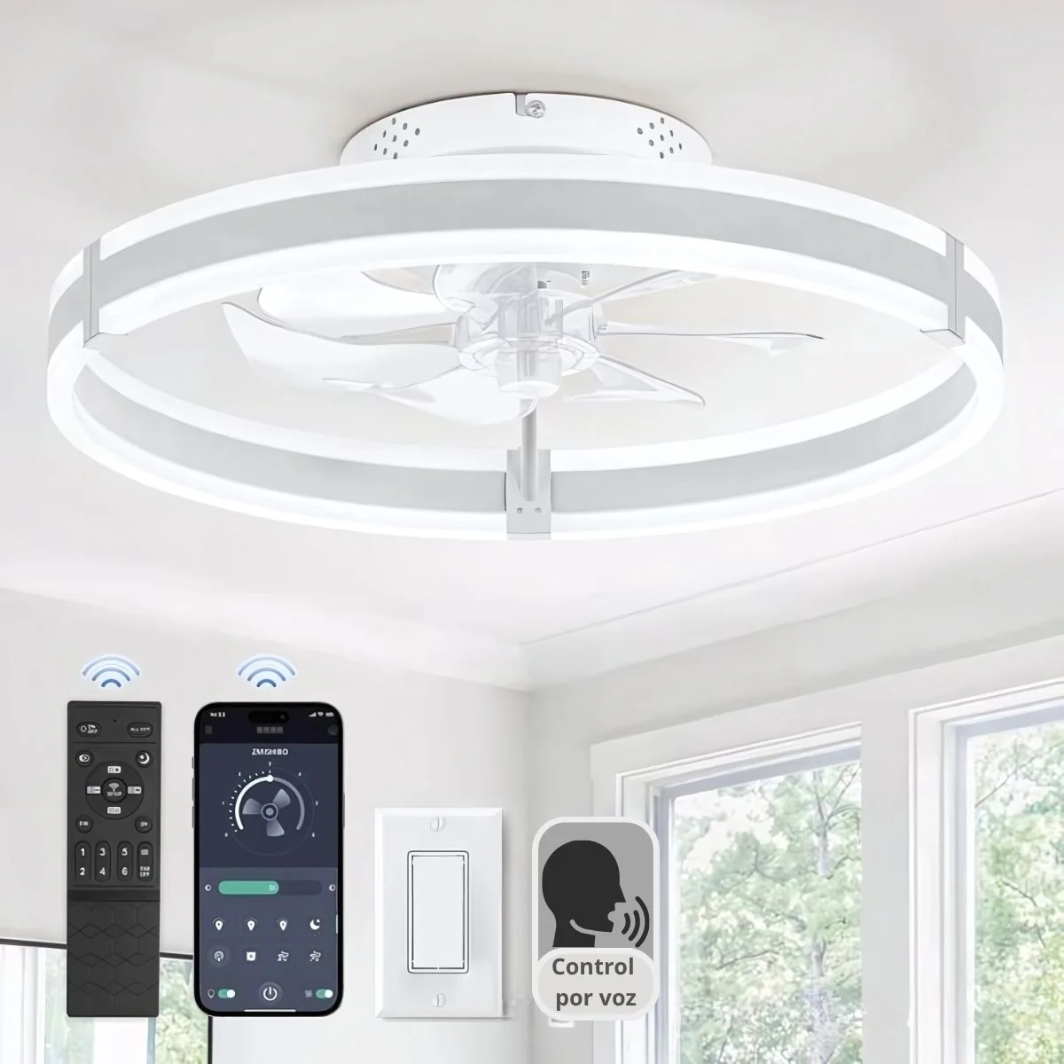 Abanico De Techo 13" Con Luz Led Dimeable. Ventilador A Control Remoto Y Control Por Voz Offline. Color Blanco.