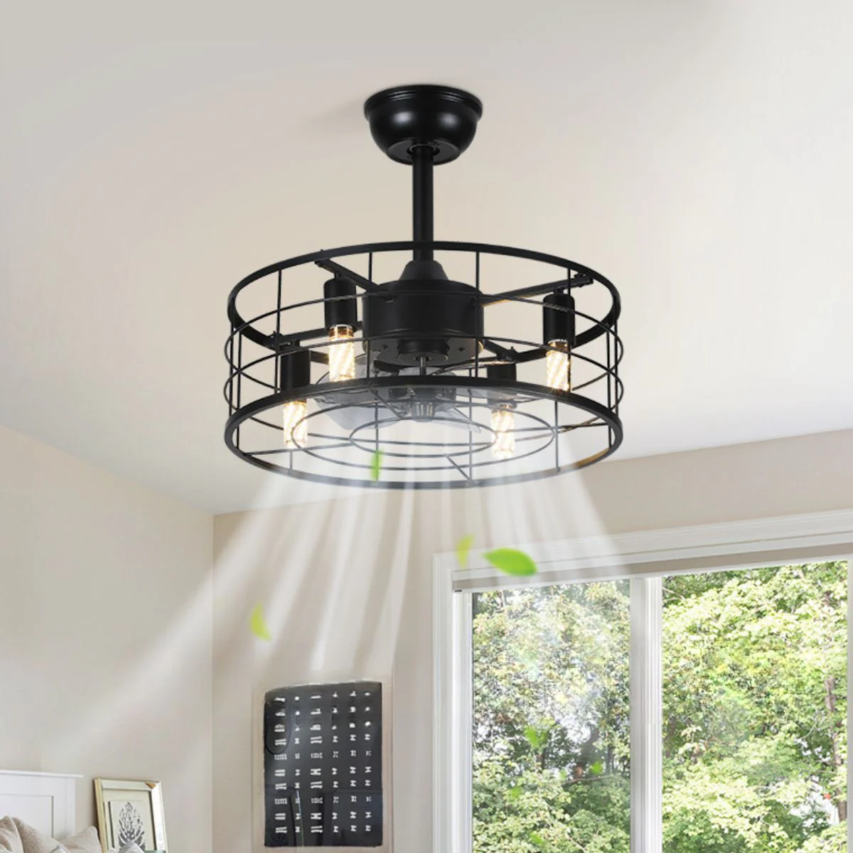 Abanico De Techo Lámpara De 48CM Con Luz Estilo Industrial. Ventilador De 6 Velocidades Con Control Remoto. Color Negro.