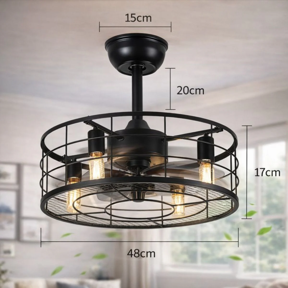 Abanico De Techo Lámpara De 48CM Con Luz Estilo Industrial. Ventilador De 6 Velocidades Con Control Remoto. Color Negro. - Image 2
