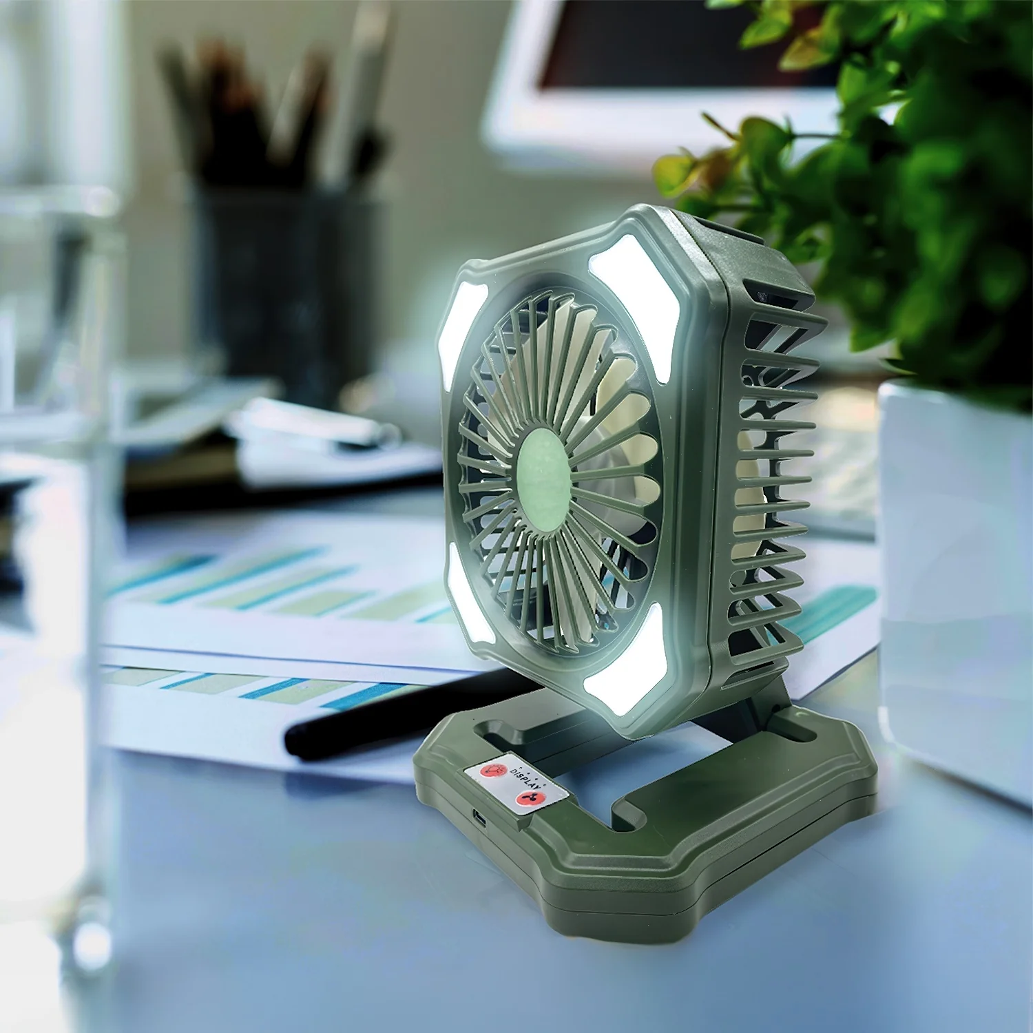 Abanico Portátil Recargable Con Luz LED 6500K. Color Verde - Image 3