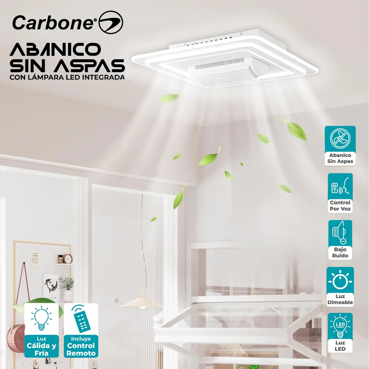 Abanico Sin Aspas Lampara LED Cuadrada Decorativa Control Por Voz Dimeable 3000-6500K De 21" (54Cm) 68W