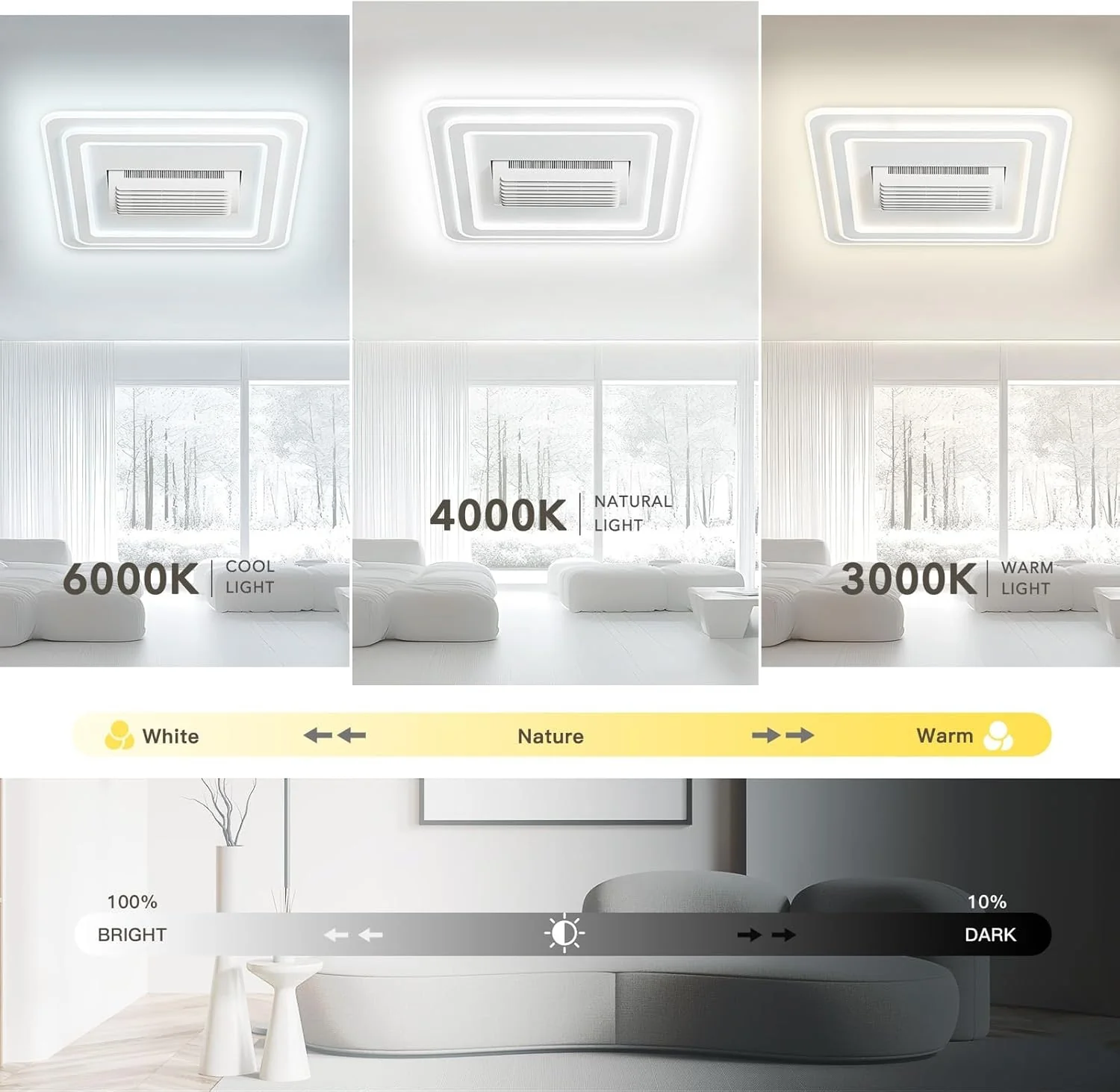 Abanico Sin Aspas Lampara LED Cuadrada Decorativa Control Por Voz Dimeable 3000-6500K De 21" (54Cm) 68W - Image 3