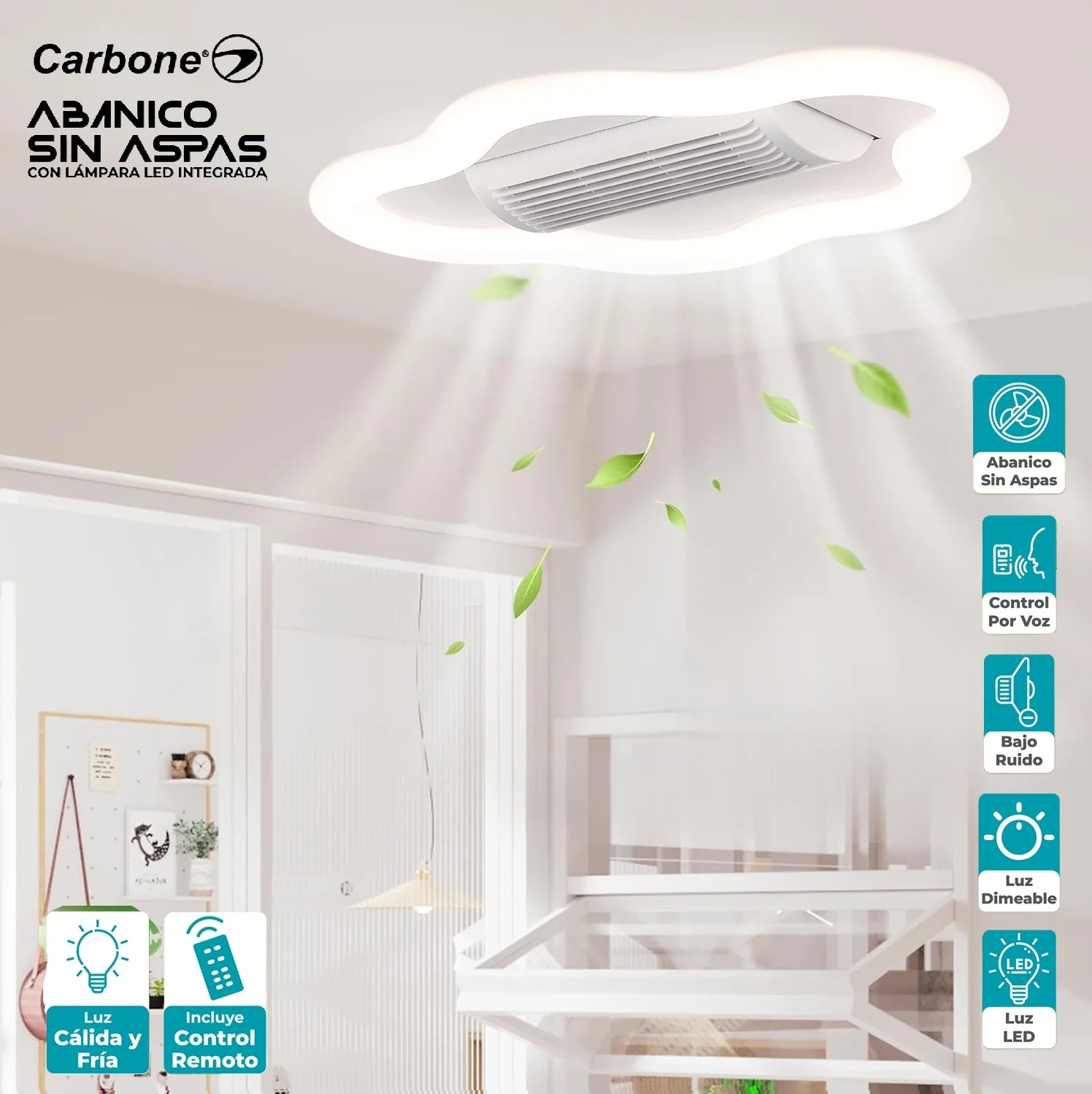 Abanico Sin Aspas Lampara LED Control Por Voz Nube Decorativa Dimeable 3000-6500K 56X38cm 47W