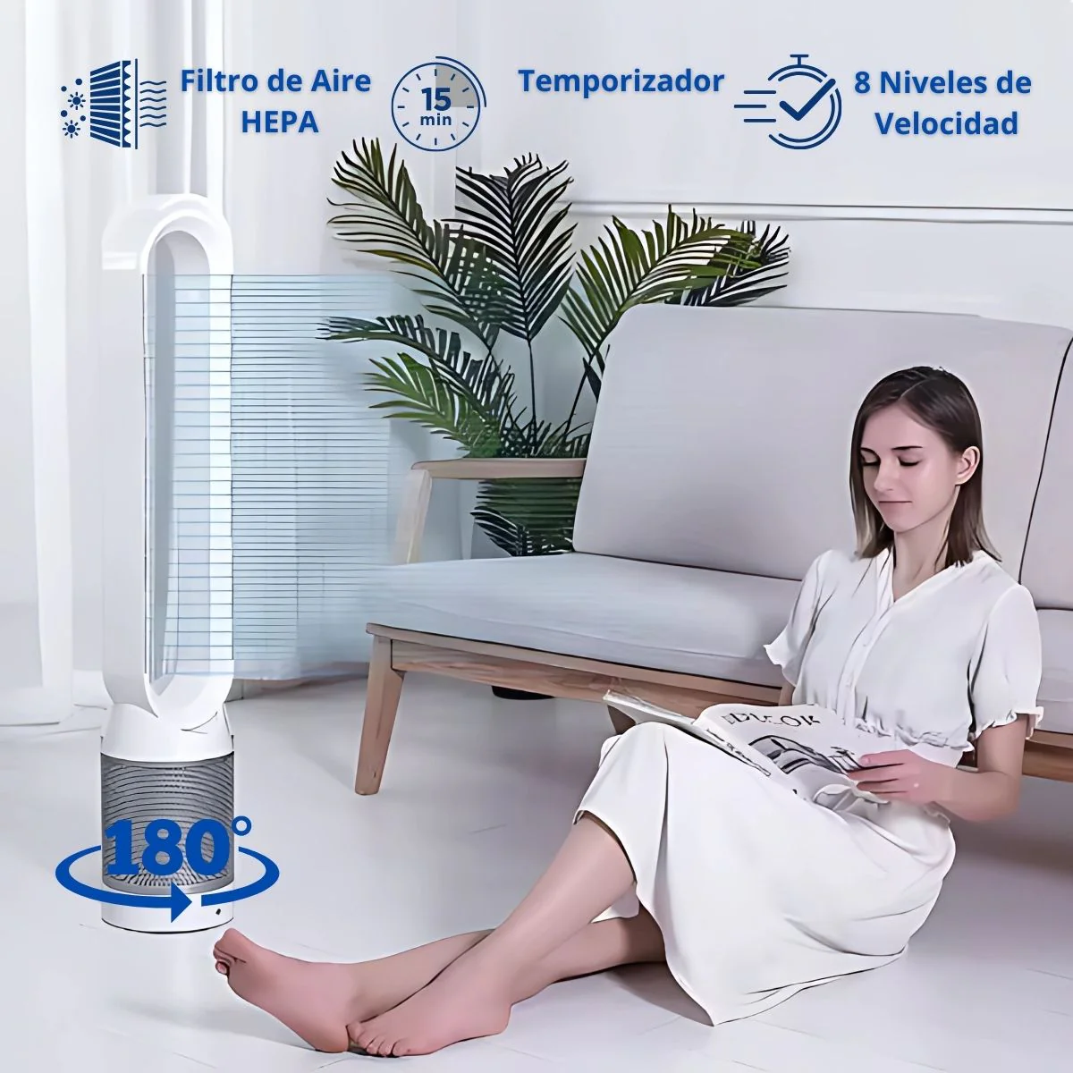 Abanico Sin Aspas Y Purificador De Aire Con Control Remoto. Ventilador De Torre Con Filtro. 42". 105X20 Cm. Color Silver - Image 2