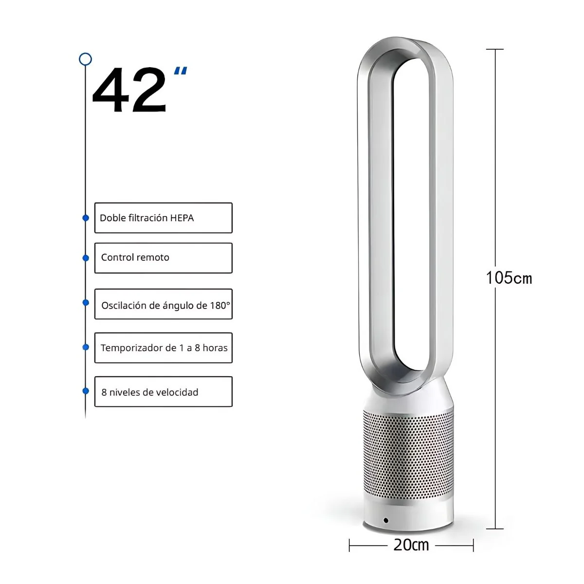 Abanico Sin Aspas Y Purificador De Aire Con Control Remoto. Ventilador De Torre Con Filtro. 42". 105X20 Cm. Color Silver - Image 3