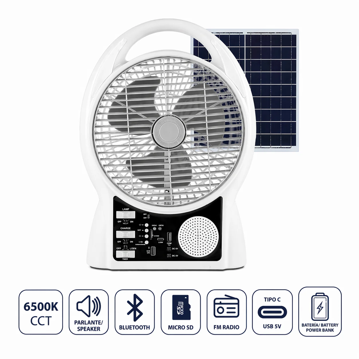 Abanico Solar Multimedia 8” Con Lámpara LED Y Panel Solar 9V/3W De 5500Mah 10W. Ventilador Recargable Con Bluetooth, Radio FM, USB Y Micro SD De 2 Velocidades. Color Blanco - Image 2