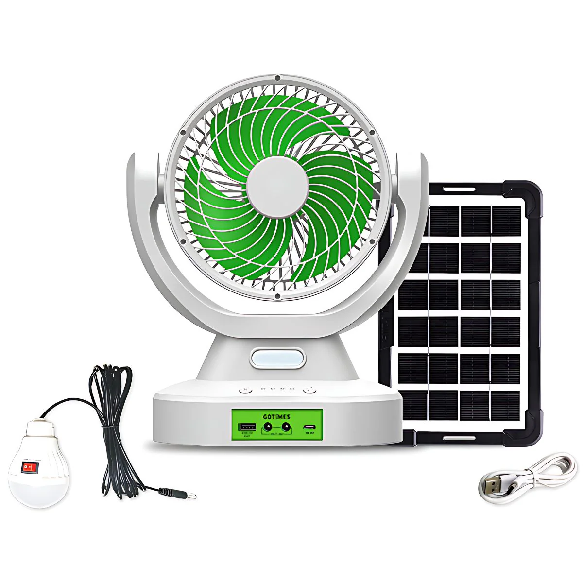 Abanico Solar Portátil 7". Ventilador Recargable Con Panel Solar. Con Bombillo. Color Blanco.