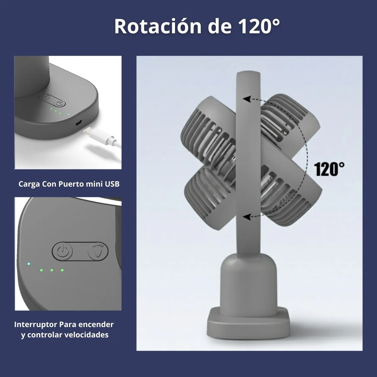 Abanico Ventilador 5.5V De Escritorio Con Luz Lampara Nocturna De Bateria USB-C 1000Mah - Image 2