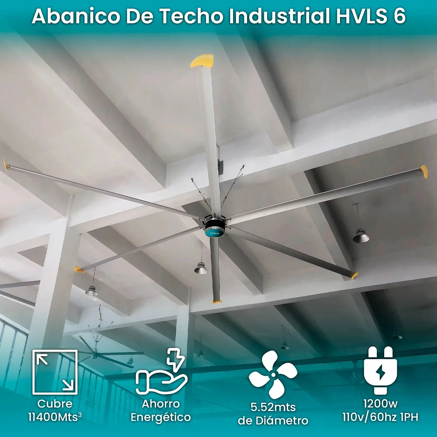 Abanico De Techo Industrial HVLS 18 Pies (5.52M) Ventilador Comercial 6 Aspas Ahorrador, Cubre 11400M3/Min - 402,650 CFM (900M2) Monofasico 110V / 60Hz - 1200W/3.6Amp Super Silencioso - Image 4