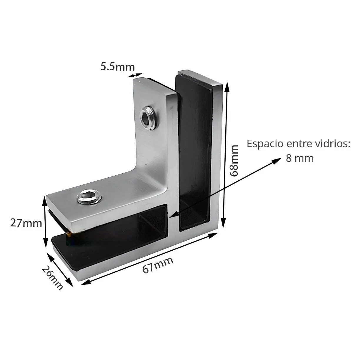 Abrazadera Esquinera Doble En Ángulo De 90° Para Vidrio. Acero Inoxidable 304 Reforzado. Para Vidrios De 10 A 13.5 Mm. Conector Esquinero.