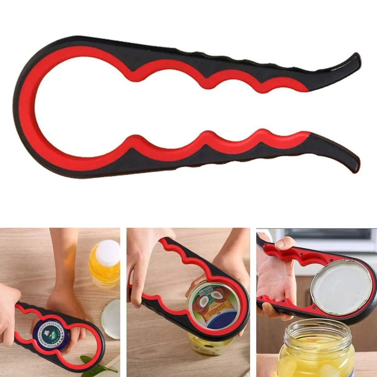 Abrebotellas Multifuncional 6 En 1 Antideslizante 23 Cm Negro Y Rojo. Destapador De Vino, Frascos Y Tapas Metálicas Con Mango Ergonómico - Image 2