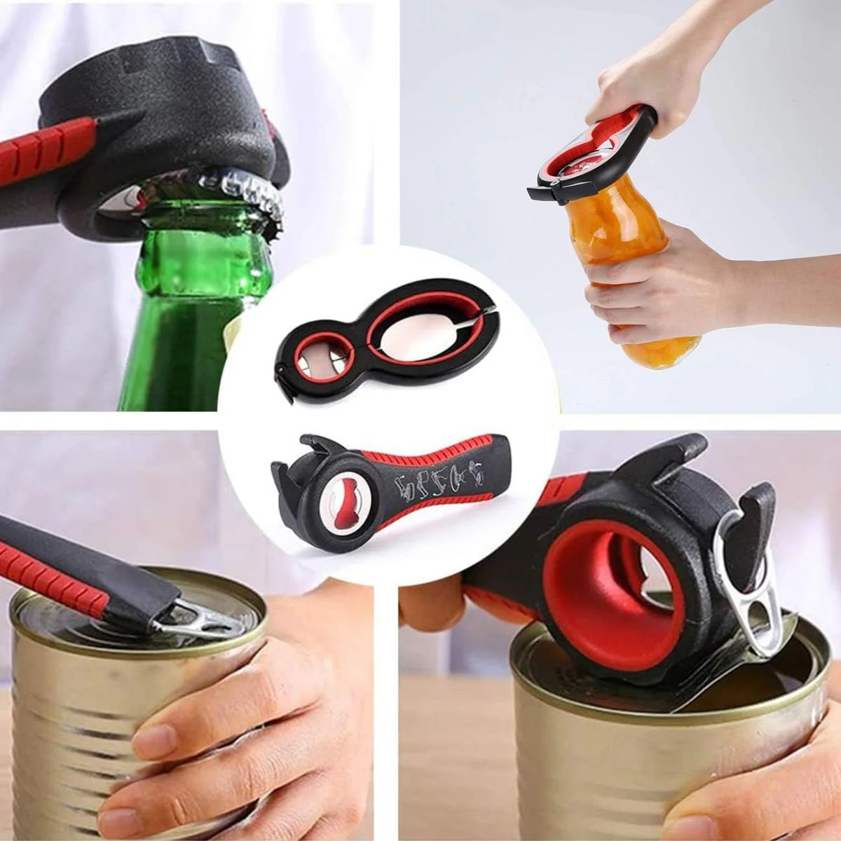 Abrebotellas Multifuncional 6 En 1 Antideslizante 23 Cm Negro Y Rojo. Destapador De Vino, Frascos Y Tapas Metálicas Con Mango Ergonómico - Image 4