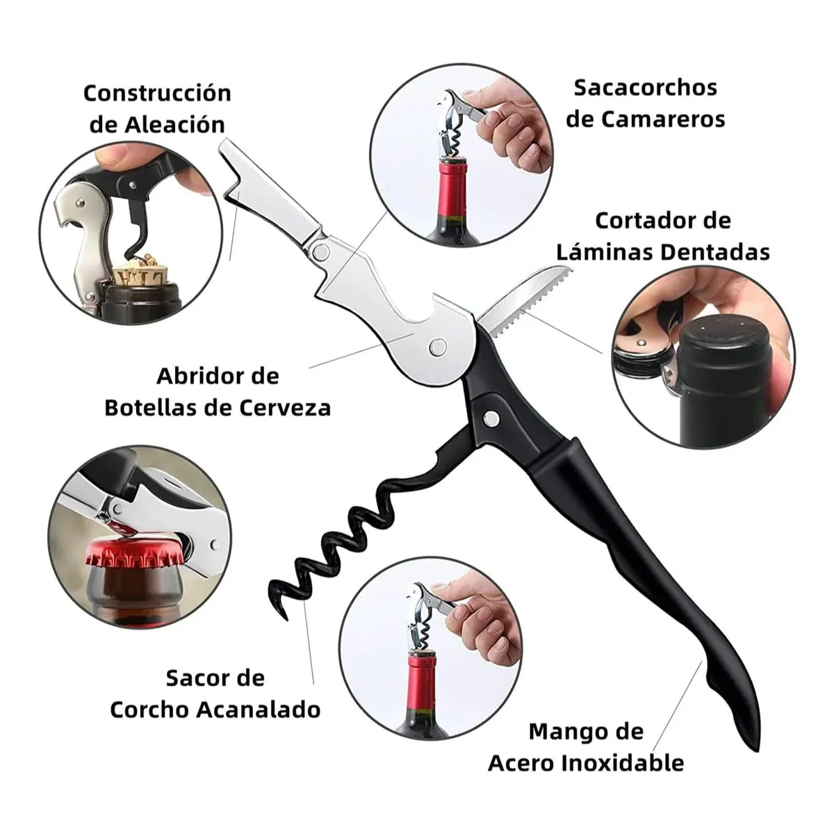 Abrebotellas Multifuncional 6 En 1 Antideslizante 23 Cm Negro Y Rojo. Destapador De Vino, Frascos Y Tapas Metálicas Con Mango Ergonómico - Image 5