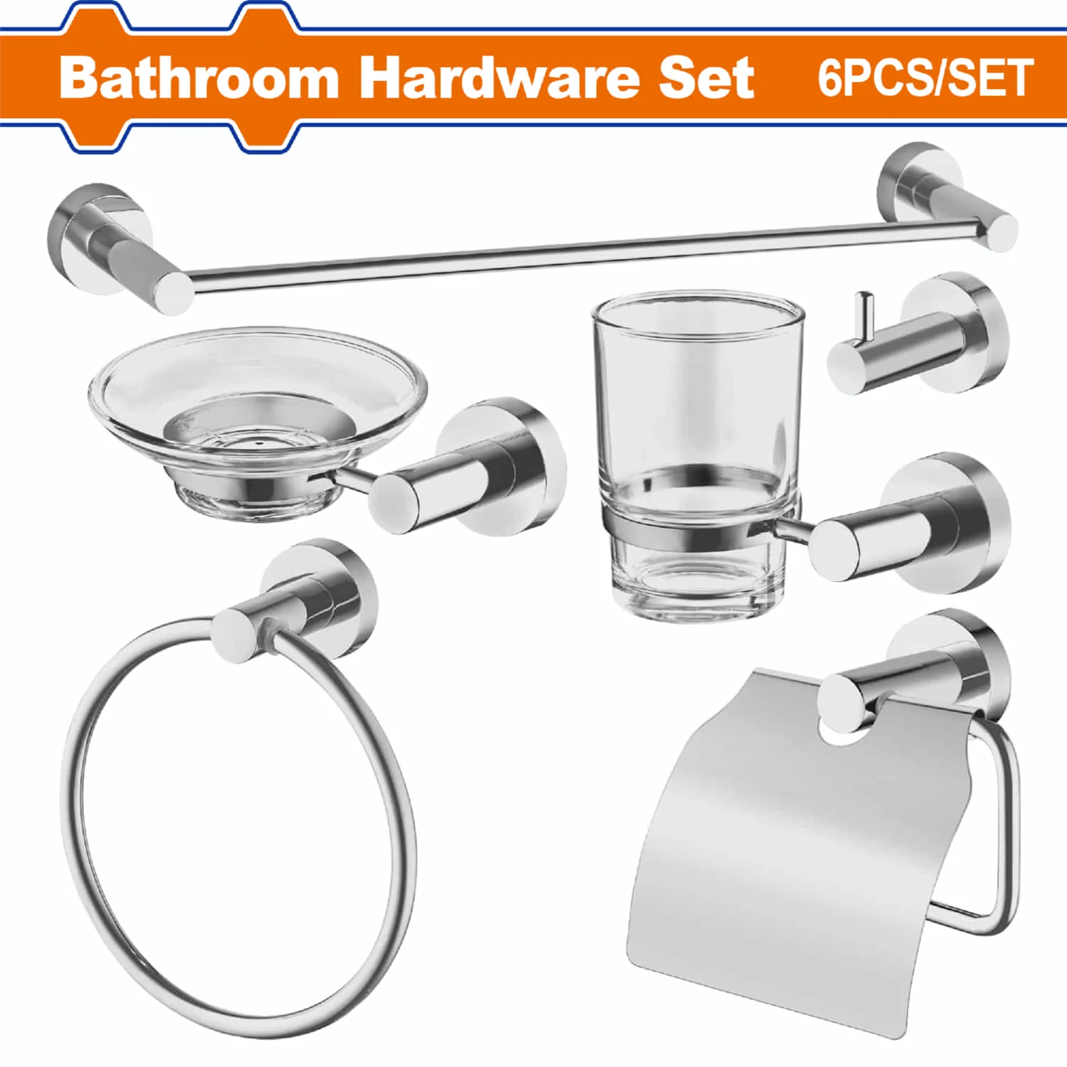 Accesorios Para Baño. 6 Piezas. Fabricado En Aleación De Zinc, Acero Inoxidable Y Vidrio. Plata.