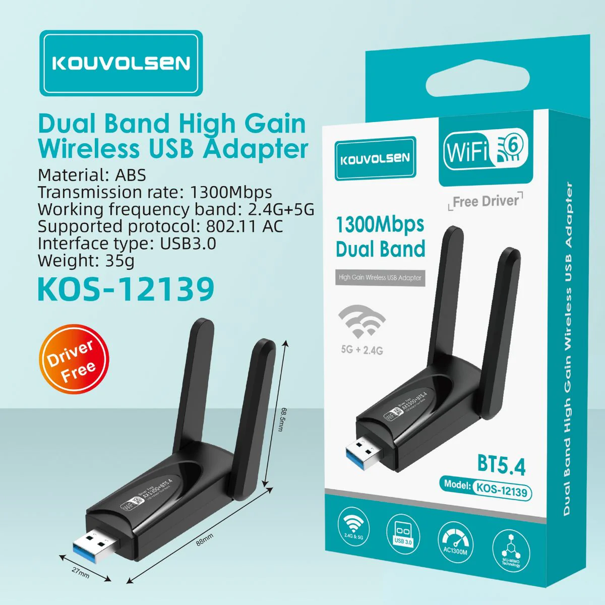Adaptador USB Wifi Dual Band De Alta Ganancia. Receptor Inalámbrico 1300Mbps 2.4G/5G Con Antenas Externas Y USB 3.0