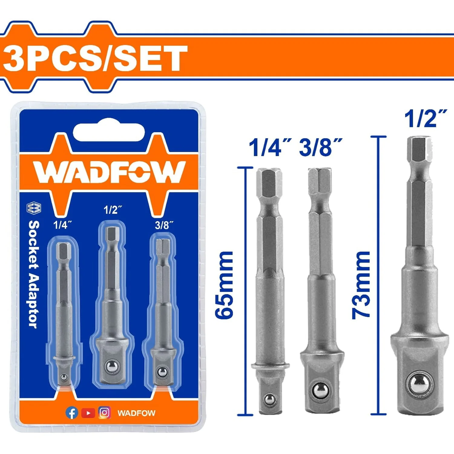 Adaptadores Para Sockets 1/4", 3/8", 1/2". Zanco 1/4" Hexagonal. Material: 50BV30. Set 3 Piezas. - Image 2
