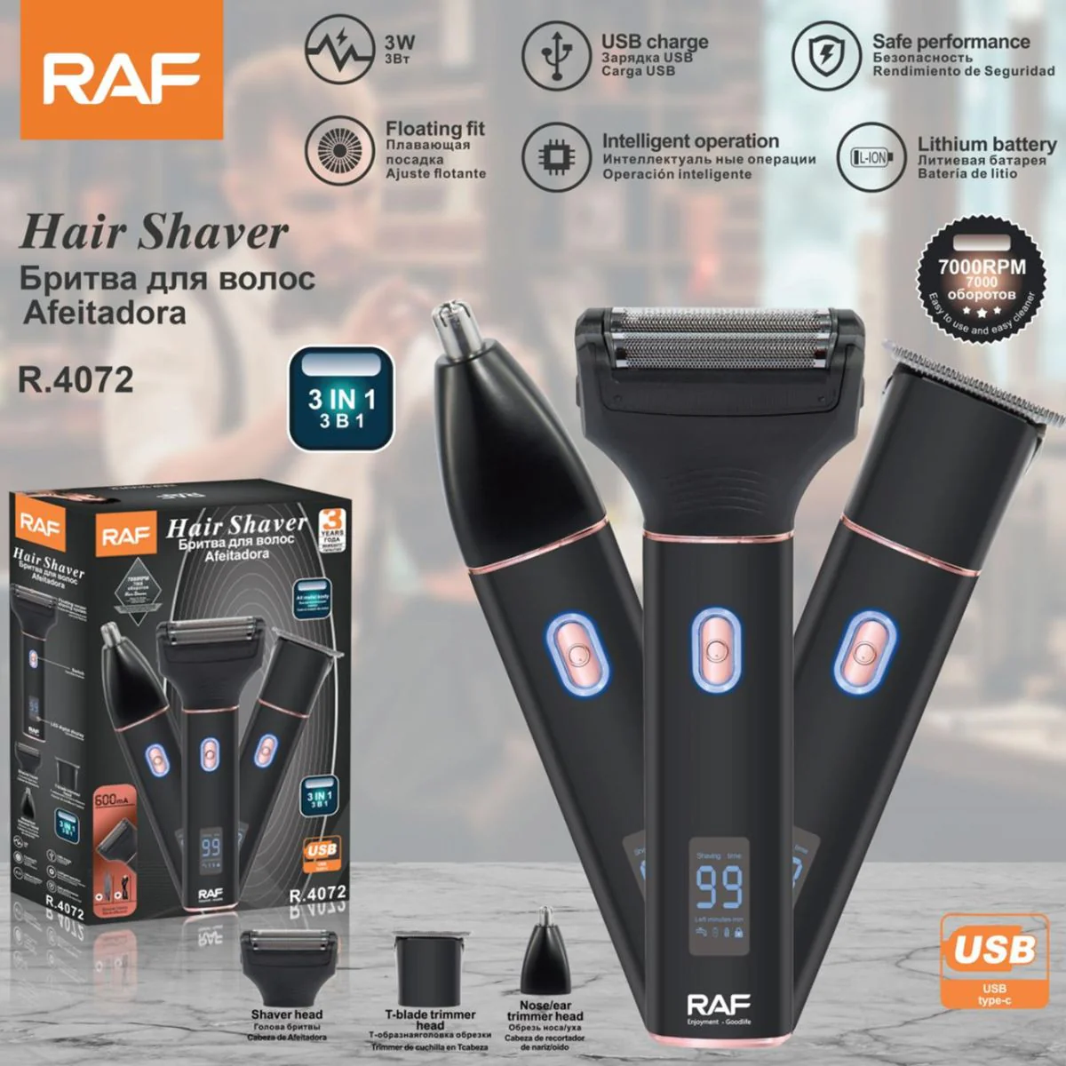 Afeitadora Eléctrica 3 En 1 Recargable USB 7000RPM. Rasuradora Multifuncional Con Cabezales Intercambiables Para Barba, Nariz Y Patillas.