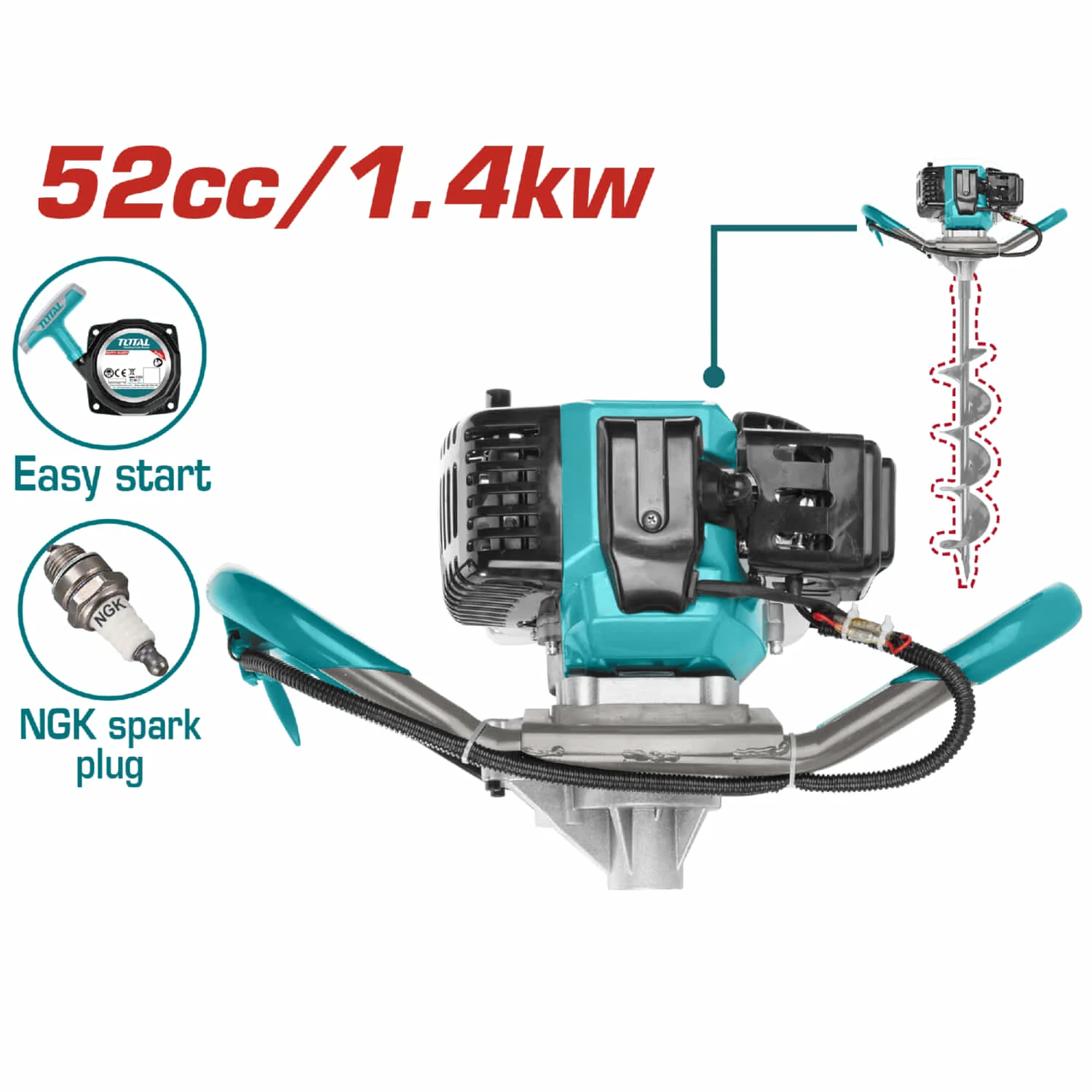Ahoyadora Barrena Pilotera Perforadora 52Cc 1.4Kw 9000/Min. Motor De 2 Tiempos. Combustible 1200Ml Usa Bujía NGK