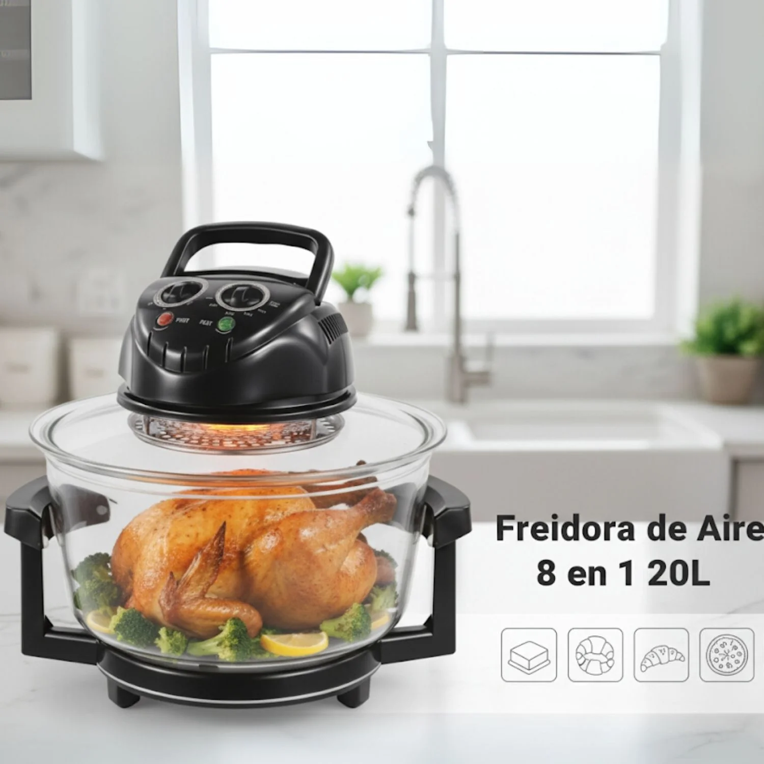 Air Fryer De Vidrio 8 En 1. 20L 1300W Horno Halógeno Multifunción Para Asar, Horneary Freír Sin Aceite
