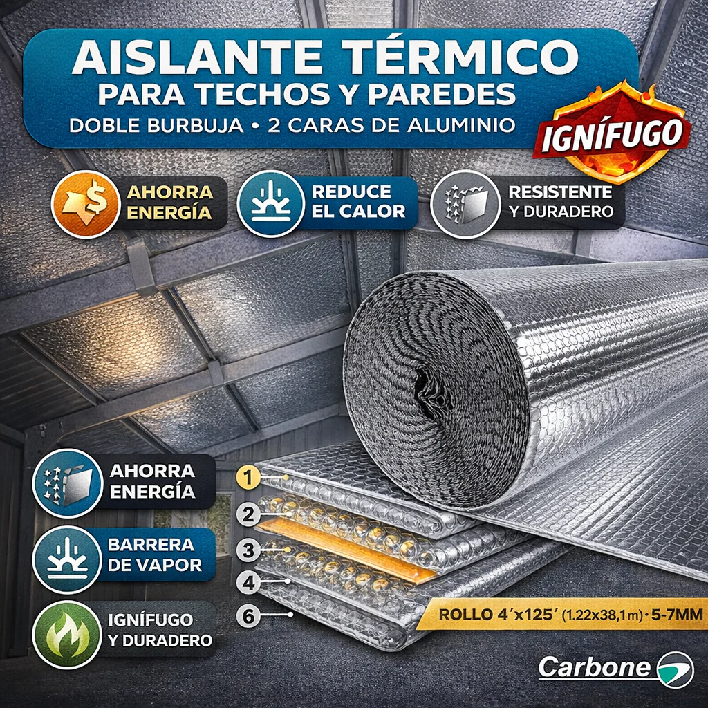 Aislante Térmico Para Techos Paredes, Doble Burbuja 2 Caras De Aluminio 97% Reflectividad, Rollo 4’X125’ (1.22X38.1M) Espesor 6Mm ± 1 Sin Compresión (360 G/M²) Ignífugo, Ahorra Energía Y Reduce Calor - Image 3