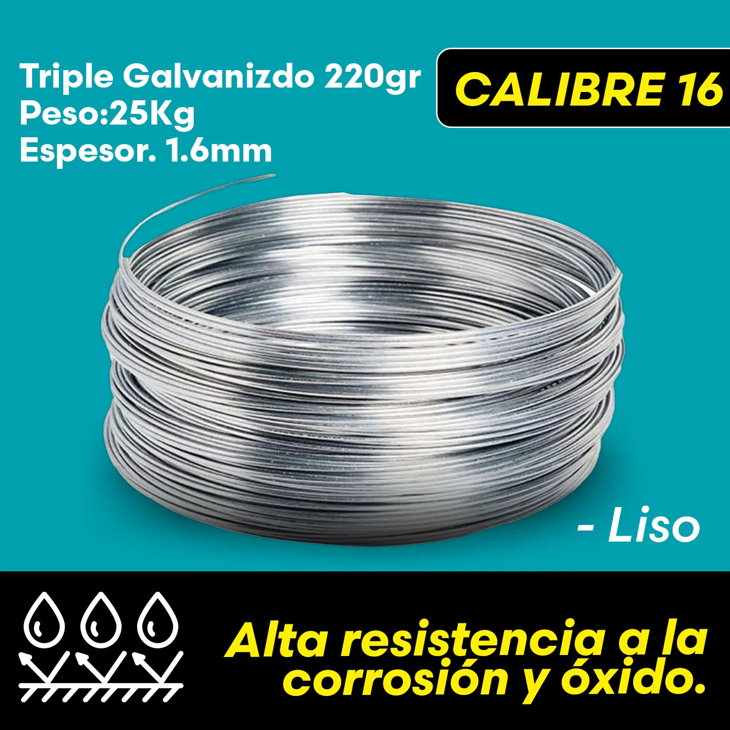 Alambre Galvanizado Liso Calibre 16 - 25Kg. Triple Galvanizado 220Gr M2 Clase III Mas Resistente A La Corrosion