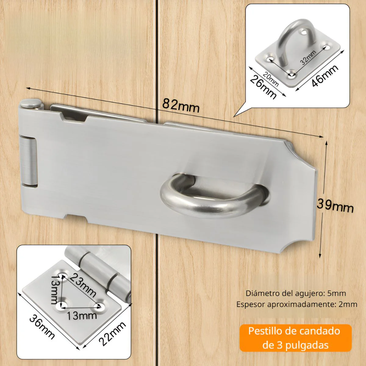 Aldaba Portacandado 3". Acero Inoxidable. Pestillo De Seguridad Para Puertas Y Armarios.