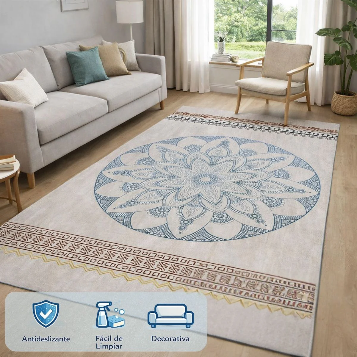 Alfombra Decorativa Con Diseño Mandala En Tonos Neutros. Tapete Antideslizante Lavable Para Sala O Dormitorio (120X160cm). Tapete