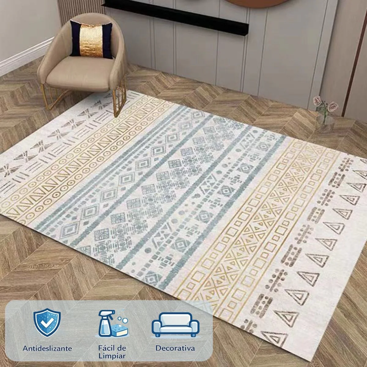 Alfombra Decorativa Estilo Boho Nórdico Para Sala O Dormitorio. Tapete Antideslizante Lavable. Diseño Geométrico (140X200cm). Tapete