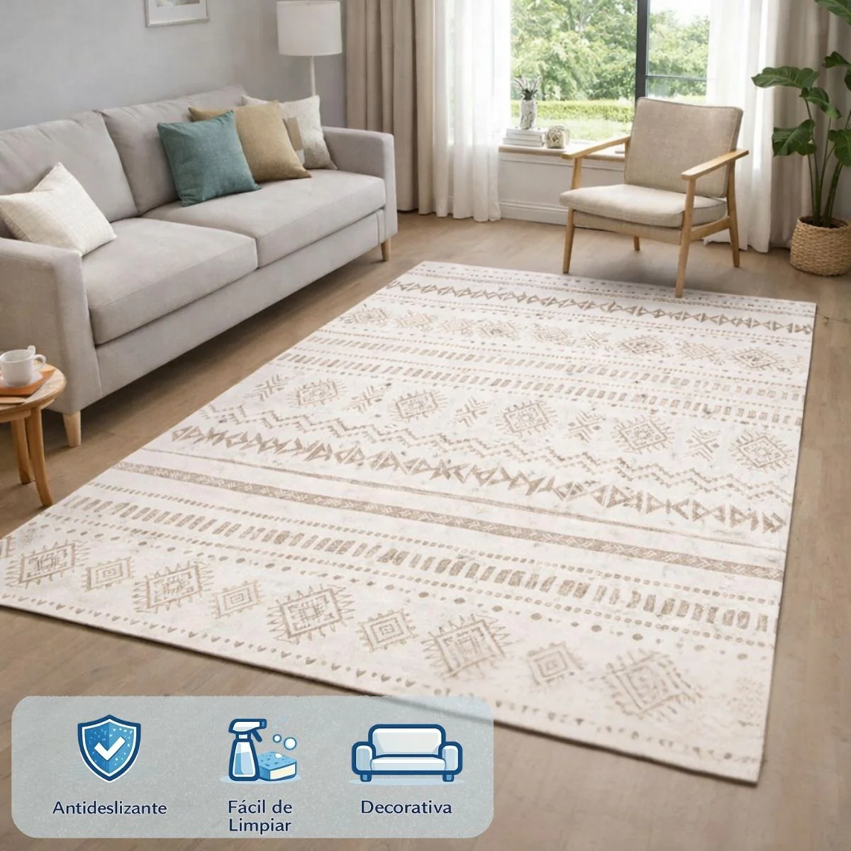 Alfombra Decorativa Estilo Étnico En Tonos Beige Para Sala O Dormitorio. Tapete Antideslizante Lavable Diseño (160X230cm). Tapete