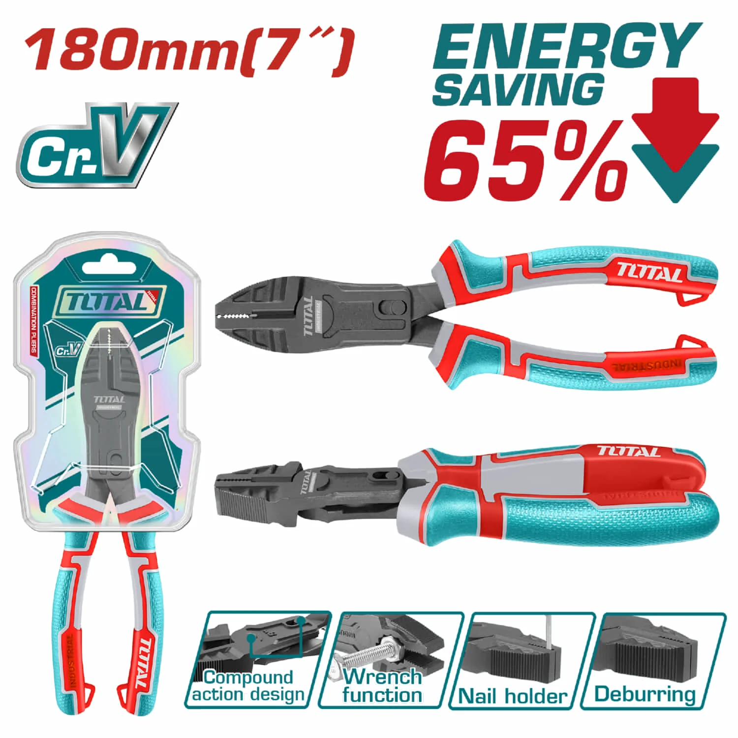 Alicate De Combinación Acción Compuesta 7"/180Mm Cr-V. 65% Ahorro De Energía. Mango Ergonómico.