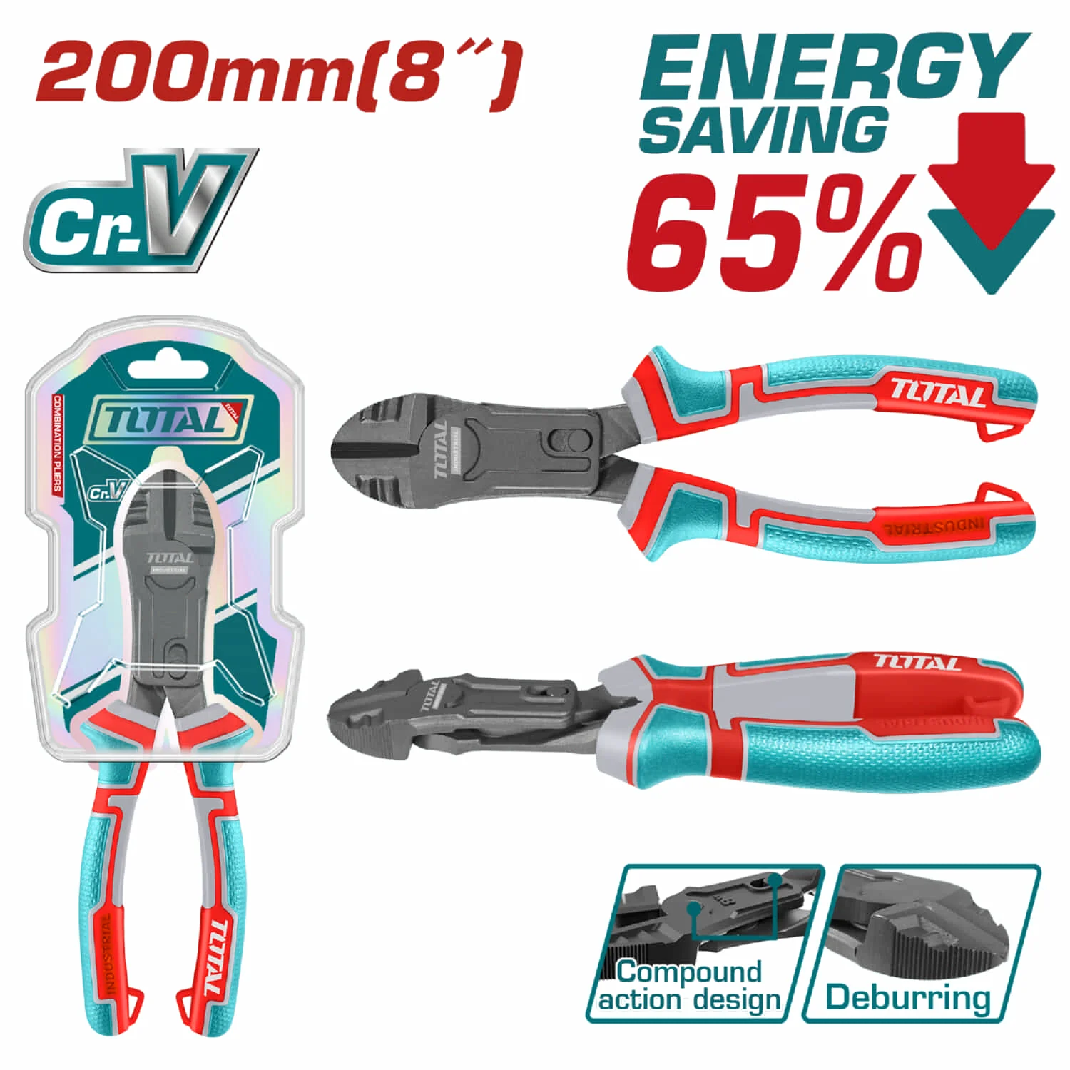 Alicates De Corte Diagonal De Acción Compuesta 8" Cr-V 65% Ahorro De Energía.